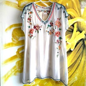 JOHNNY WAS Embroidered Drape Tunic Blouse (Sz L)